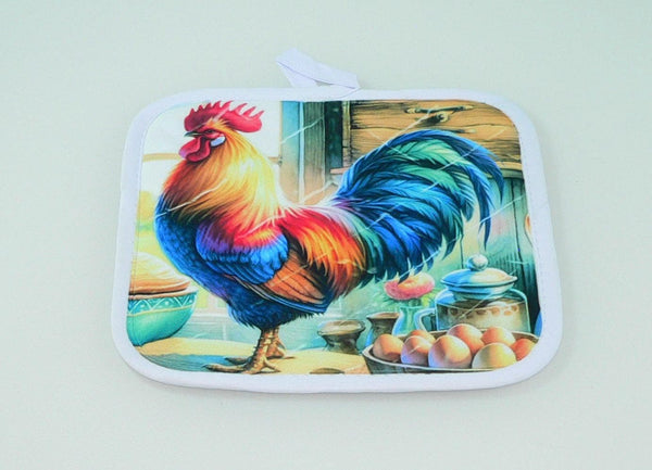 Handmade Rustic Country Rooster Quilted Pot Holder - Farmhouse Kitchen Decor Heat Protection