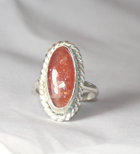 Oval Sunstone Sterling Silver Ring - Boho Chic Bezel Set Gemstone Jewelry, Size 8