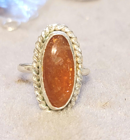 Oval Sunstone Sterling Silver Ring - Boho Chic Bezel Set Gemstone Jewelry, Size 8