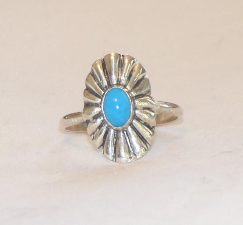 Sterling Silver Sleeping Beauty Turquoise Concho Ring | Southwest Style Handcrafted Unisex Navajo Jewelry Sizes 6-10