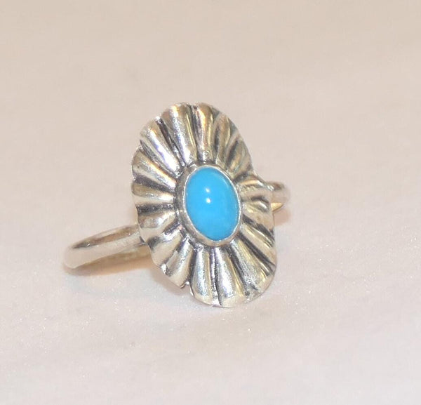 Sterling Silver Sleeping Beauty Turquoise Concho Ring | Southwest Style Handcrafted Unisex Navajo Jewelry Sizes 6-10