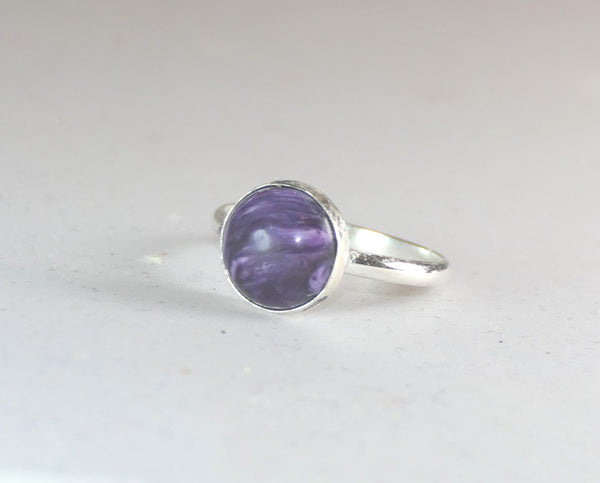 Handcrafted 10mm Charoite Sterling Silver Ring - Purple Gemstone Boho Jewelry (Sizes 6-10)