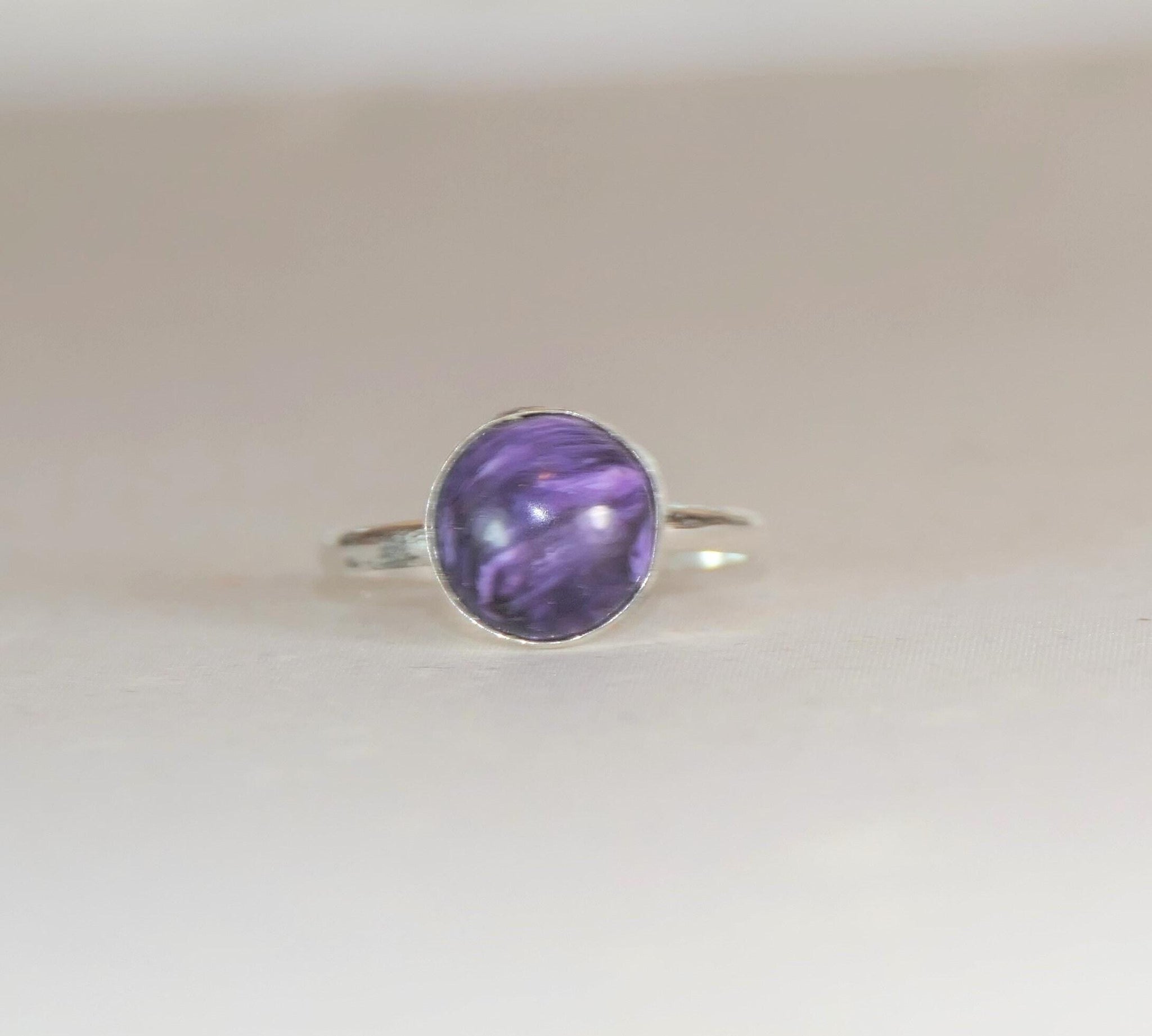 Handcrafted 10mm Charoite Sterling Silver Ring - Purple Gemstone Boho Jewelry (Sizes 6-10)