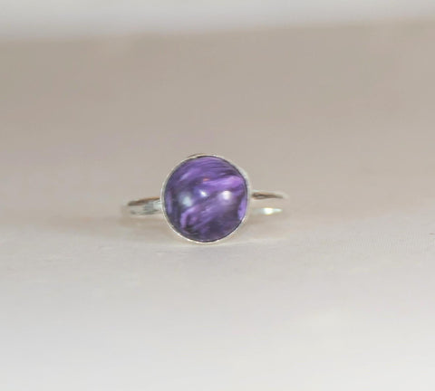 Handcrafted 10mm Charoite Sterling Silver Ring - Purple Gemstone Boho Jewelry (Sizes 6-10)