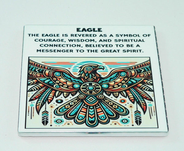 Handcrafted Native American Spiritual Symbol Ceramic Coasters: Wolf, Bear Paw, Eagle, Spiral (Set of 4)