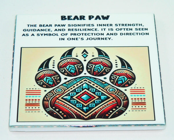 Handcrafted Native American Spiritual Symbol Ceramic Coasters: Wolf, Bear Paw, Eagle, Spiral (Set of 4)