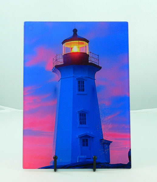 Coastal Lighthouse Glass Cutting Board: Art Deco Sunset Serving Tray for Charcuterie and Kitchen Decor