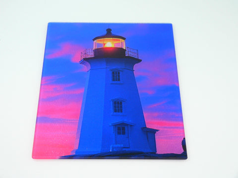 Coastal Lighthouse Glass Cutting Board: Art Deco Sunset Serving Tray for Charcuterie and Kitchen Decor