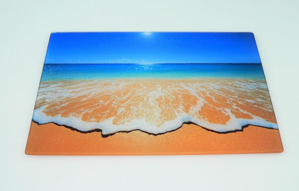 Elegant Coastal Glass Cutting Board: Beach-Inspired Serving Tray for Charcuterie & Kitchen Decor