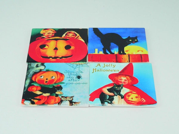 Vintage Halloween Postcard Coasters Set: Retro Decor, Shatterproof & Colorful Fall Party Accessories