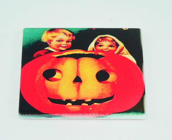 Vintage Halloween Postcard Coasters Set: Retro Decor, Shatterproof & Colorful Fall Party Accessories