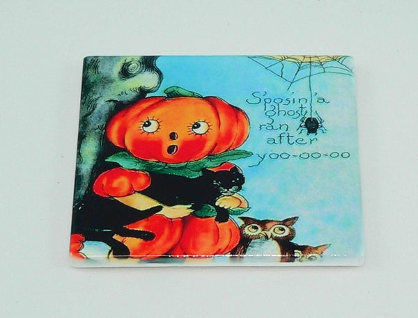 Vintage Halloween Postcard Coasters Set: Retro Decor, Shatterproof & Colorful Fall Party Accessories