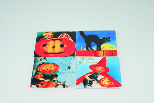Vintage Halloween Postcard Coasters Set: Retro Decor, Shatterproof & Colorful Fall Party Accessories
