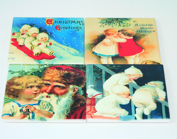 Vintage Christmas Postcard Coasters: Retro Holiday Decor, Shatterproof Surface Protection, Farmhouse Gift