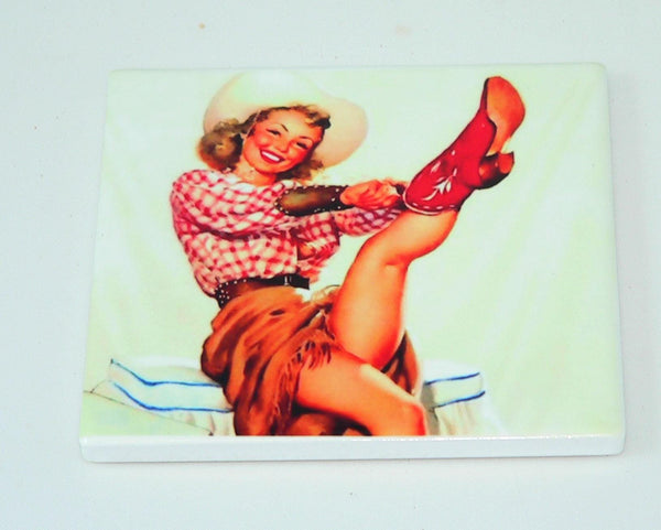 Retro Cowgirl Pinup Coasters: Shatterproof Western Farmhouse Decor & Nostalgic Barware Set