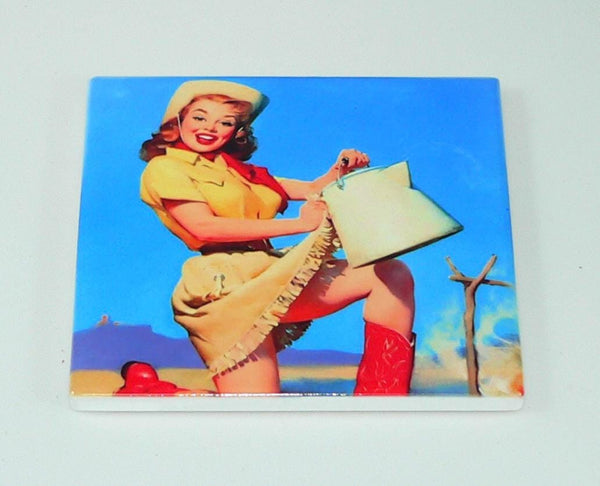 Retro Cowgirl Pinup Coasters: Shatterproof Western Farmhouse Decor & Nostalgic Barware Set
