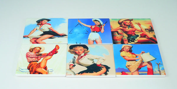 Retro Cowgirl Pinup Coasters: Shatterproof Western Farmhouse Decor & Nostalgic Barware Set