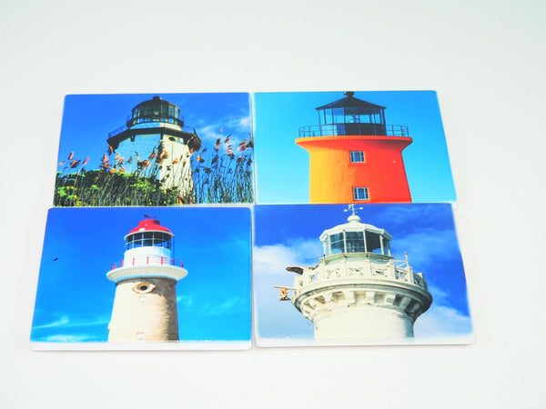 Lighthouse Ceramic Coaster Set: Beach Lighthouse Set of 4