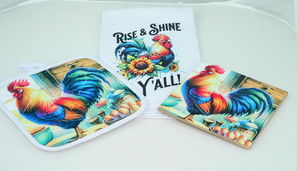 Handmade Rustic Country Rooster Quilted Pot Holder - Farmhouse Kitchen Decor Heat Protection