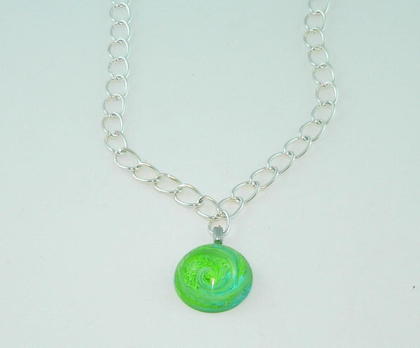 Bright Green Aqua Resin Necklace: Swirled Resin Petri Effect