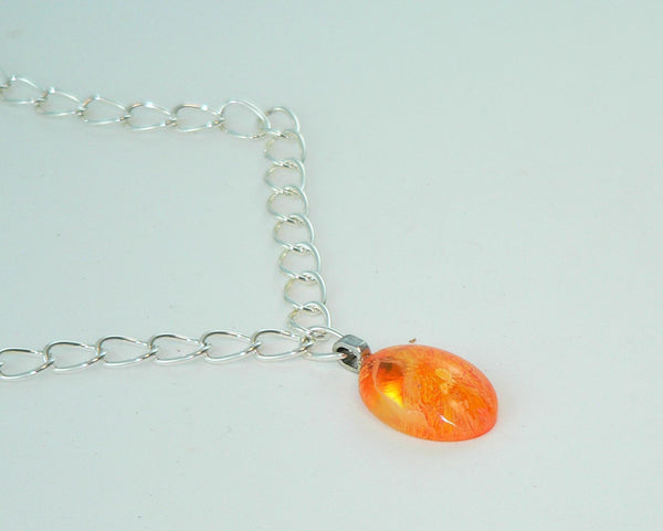 Fiery Orange Yellow Oval Resin Necklace, Unique Petri Effect, Handmade Statement Jewelry, Psychedelic Colorful Necklace