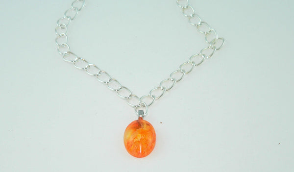 Fiery Orange Yellow Oval Resin Necklace, Unique Petri Effect, Handmade Statement Jewelry, Psychedelic Colorful Necklace