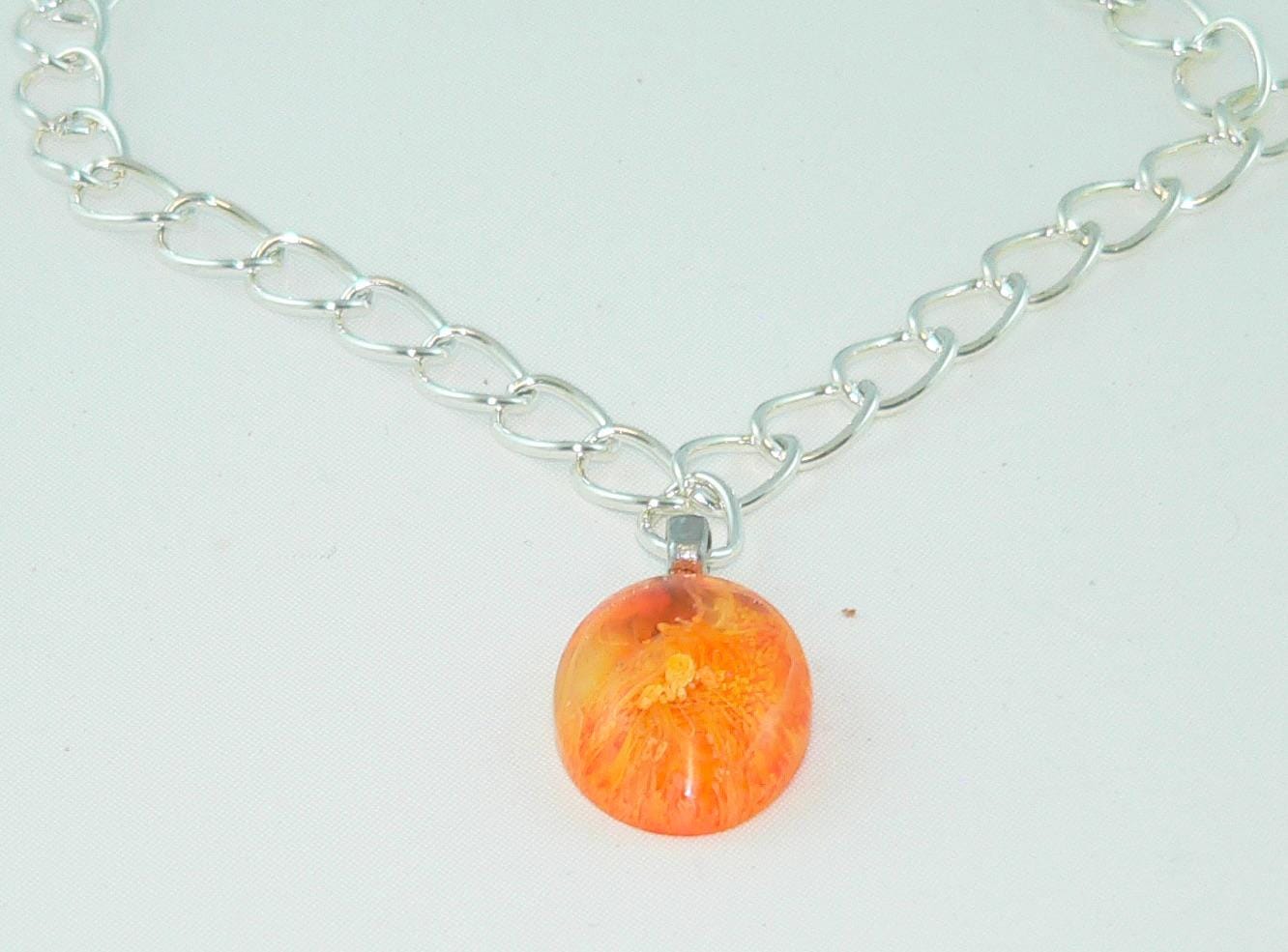 Fiery Orange Yellow Oval Resin Necklace, Unique Petri Effect, Handmade Statement Jewelry, Psychedelic Colorful Necklace