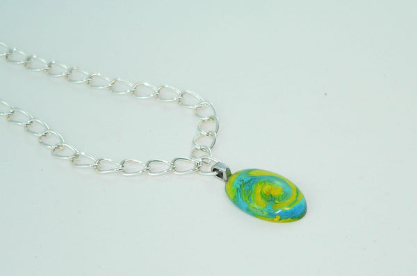 Brilliant Turquoise Yellow Oval Resin Necklace, Unique Swirled Petri Effect, Handmade Statement Jewelry, Psychedelic Colorful Necklace