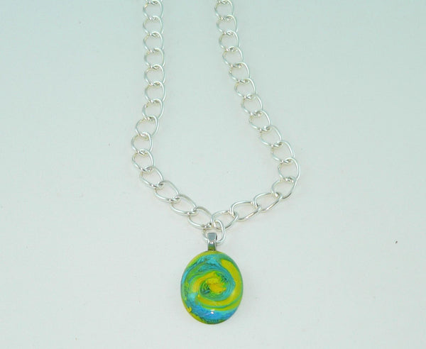 Brilliant Turquoise Yellow Oval Resin Necklace, Unique Swirled Petri Effect, Handmade Statement Jewelry, Psychedelic Colorful Necklace