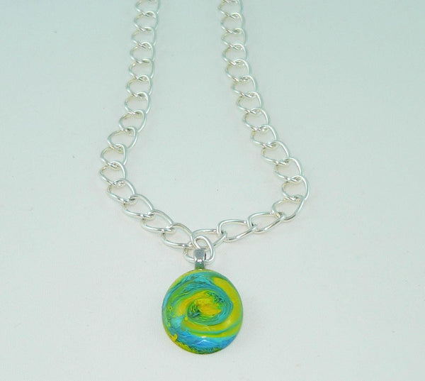 Brilliant Turquoise Yellow Oval Resin Necklace, Unique Swirled Petri Effect, Handmade Statement Jewelry, Psychedelic Colorful Necklace