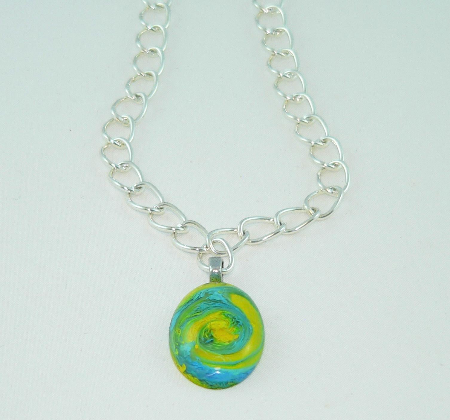 Brilliant Turquoise Yellow Oval Resin Necklace, Unique Swirled Petri Effect, Handmade Statement Jewelry, Psychedelic Colorful Necklace