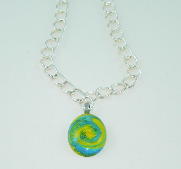 Brilliant Turquoise Yellow Oval Resin Necklace, Unique Swirled Petri Effect, Handmade Statement Jewelry, Psychedelic Colorful Necklace