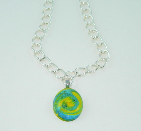Brilliant Turquoise Yellow Oval Resin Necklace, Unique Swirled Petri Effect, Handmade Statement Jewelry, Psychedelic Colorful Necklace