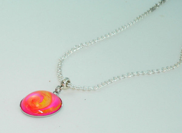 Vibrant Flamingo Pink Yellow Resin Necklace, Awesome Petri Effect, Handmade Statement Jewelry, Colorful Necklace