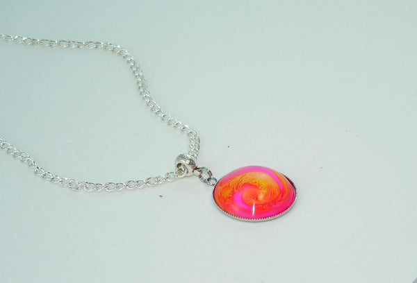 Vibrant Flamingo Pink Yellow Resin Necklace, Awesome Petri Effect, Handmade Statement Jewelry, Colorful Necklace