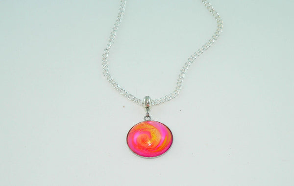 Vibrant Flamingo Pink Yellow Resin Necklace, Awesome Petri Effect, Handmade Statement Jewelry, Colorful Necklace