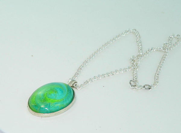 Large Oval Bright Green Turquoise Resin Necklace, Swirled Petri Effect, Handmade Statement Jewelry, Colorful Necklace
