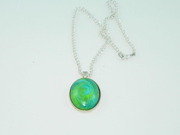 Large Oval Bright Green Turquoise Resin Necklace, Swirled Petri Effect, Handmade Statement Jewelry, Colorful Necklace