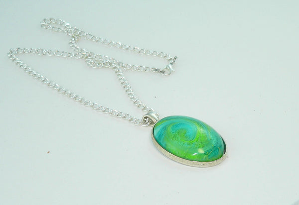 Large Oval Bright Green Turquoise Resin Necklace, Swirled Petri Effect, Handmade Statement Jewelry, Colorful Necklace