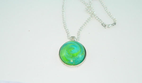 Large Oval Bright Green Turquoise Resin Necklace, Swirled Petri Effect, Handmade Statement Jewelry, Colorful Necklace