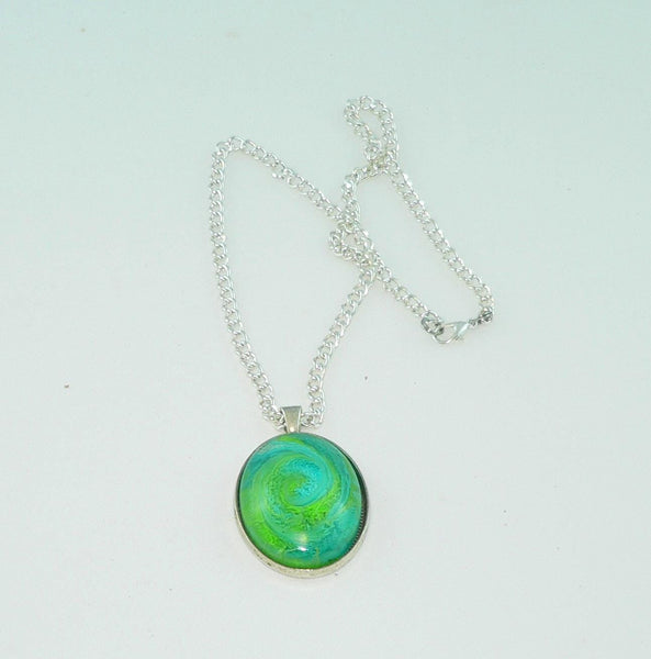 Large Oval Bright Green Turquoise Resin Necklace, Swirled Petri Effect, Handmade Statement Jewelry, Colorful Necklace
