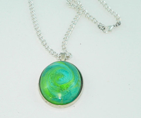 Large Oval Bright Green Turquoise Resin Necklace, Swirled Petri Effect, Handmade Statement Jewelry, Colorful Necklace