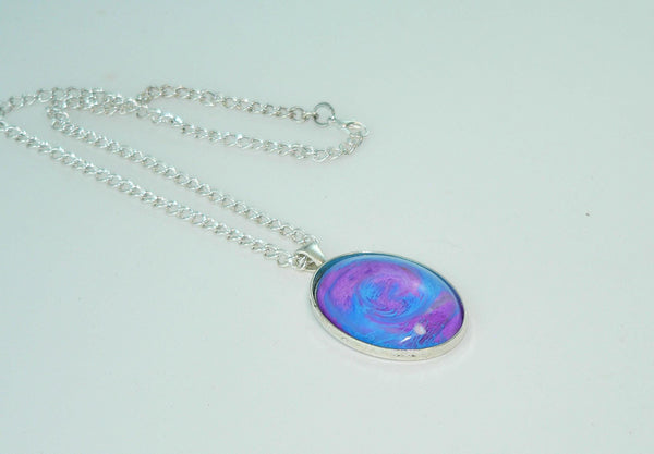 Large Oval Purple Blue Resin Necklace, Swirled Petri Effect, Handmade Statement Jewelry, Colorful Necklace