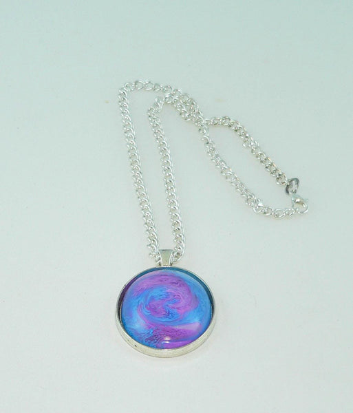 Large Oval Purple Blue Resin Necklace, Swirled Petri Effect, Handmade Statement Jewelry, Colorful Necklace