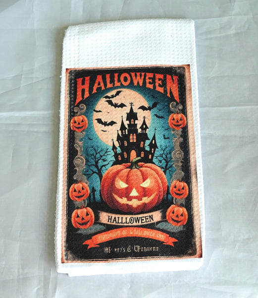 Jack O Lantern Halloween Kitchen Towel, Gothic Absorbent Fabric Decor, Haunted House, Pumpkin, Halloween Gift, Fall Home Decor