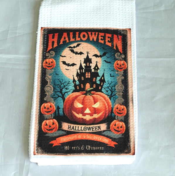 Jack O Lantern Halloween Kitchen Towel, Gothic Absorbent Fabric Decor, Haunted House, Pumpkin, Halloween Gift, Fall Home Decor