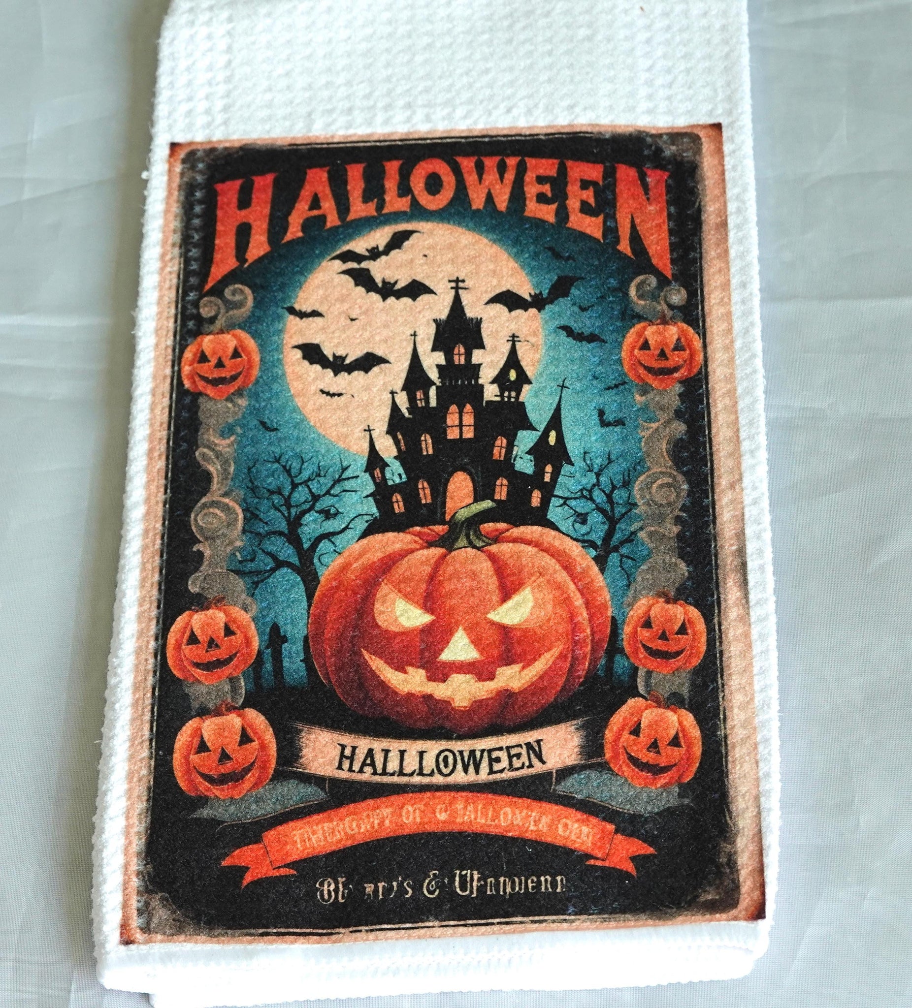 Jack O Lantern Halloween Kitchen Towel, Gothic Absorbent Fabric Decor, Haunted House, Pumpkin, Halloween Gift, Fall Home Decor
