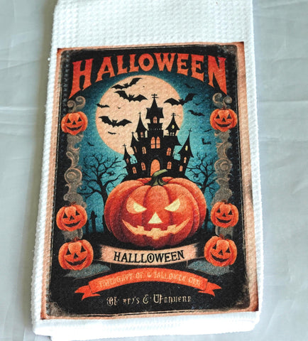 Jack O Lantern Halloween Kitchen Towel, Gothic Absorbent Fabric Decor, Haunted House, Pumpkin, Halloween Gift, Fall Home Decor