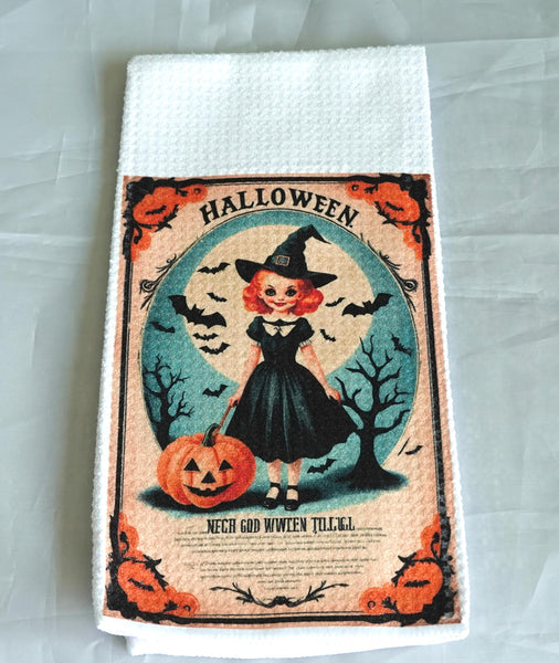 Vintage Witch Jack O Lantern Halloween Kitchen Towel | Gothic Absorbent Fabric Decor | Fall Home Decor | Halloween Gift | PumpkinTowel
