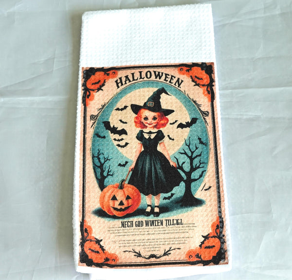 Vintage Witch Jack O Lantern Halloween Kitchen Towel | Gothic Absorbent Fabric Decor | Fall Home Decor | Halloween Gift | PumpkinTowel